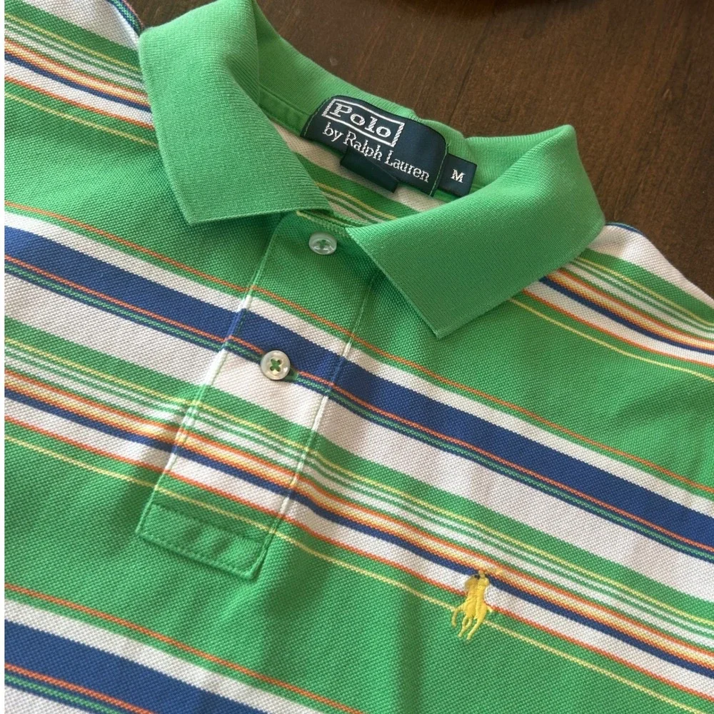 Polo Ralph Lauren Shirt Medium Green Striped Pima Cotton Short Sleeve Preppy - Picture 1 of 5
